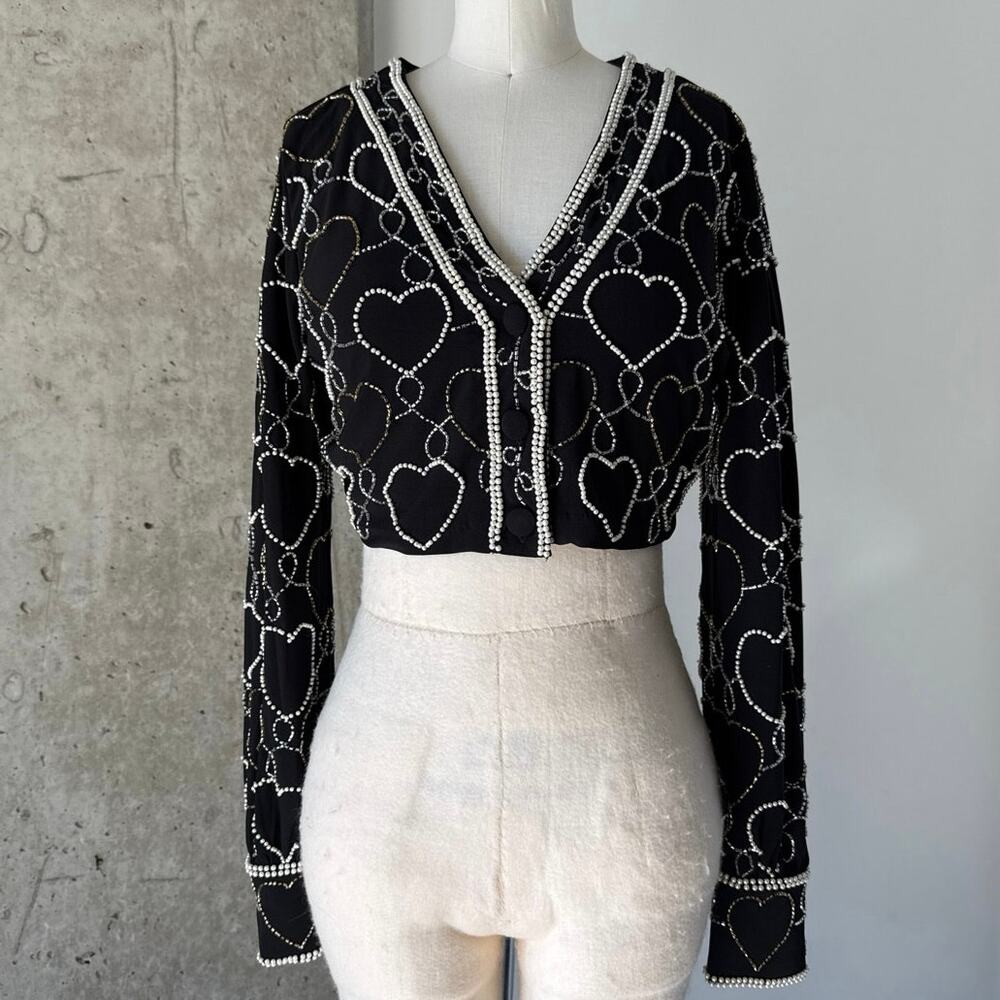 LoveShackFancy Black Beaded Cardigan XS